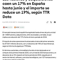 Las fusiones y adquisiciones caen un 17% en Espaa hasta junio y el importe se reduce un 19%, segn TTR Data
